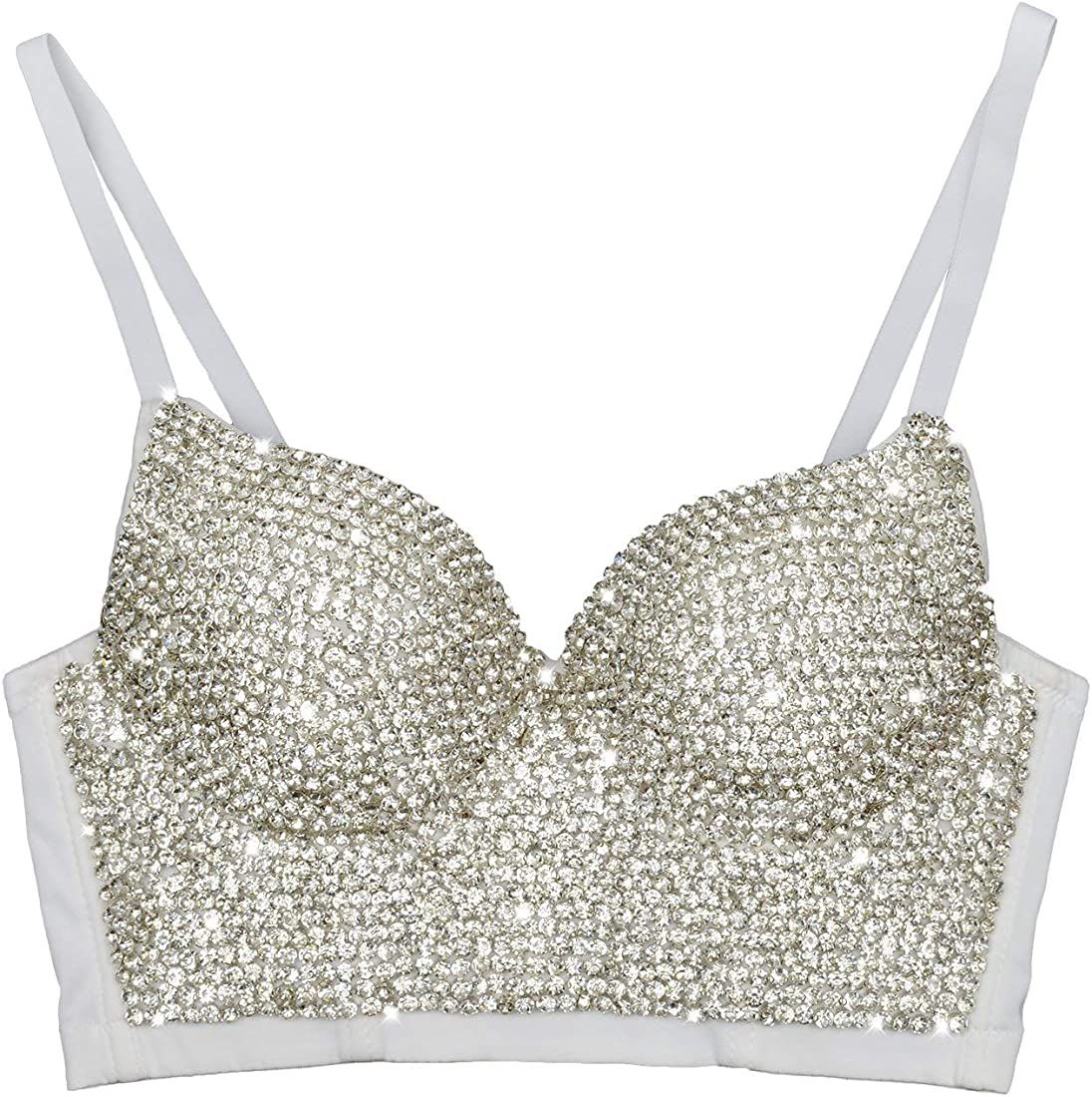 ELLACCI Women's Handmade Rhinestone Diamond Push up Bustier Crop Top Sexy Punk Corset Bra White | Amazon (US)