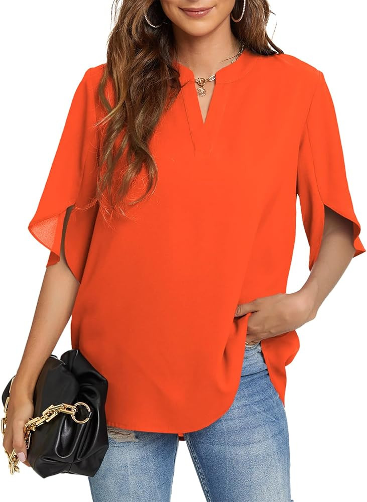 Funlingo Women's Summer Tops Short Sleeve Casual Shirts V Neck Chiffon Dressy Blouse Tops | Amazon (US)
