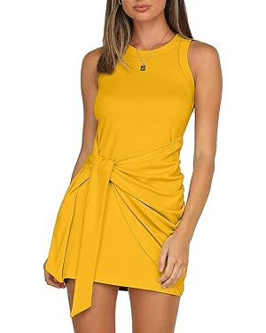 LIYOHON Women's Summer Casual Beach Dress Sleeveless Ruched Tie Tank Bodycon Wrap Mini Dresses | Amazon (US)
