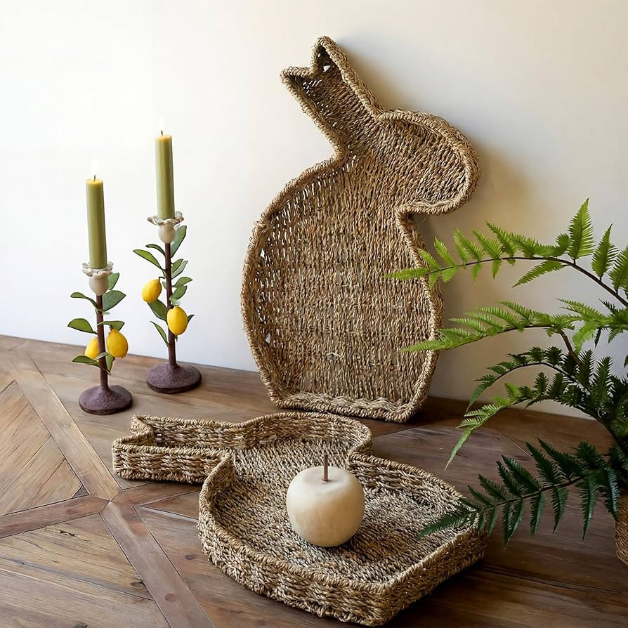 Rtteri 2 Pcs Easter Bunny Wicker Serving Tray Easter Woven Rattan Baskets Seagrass Bunny Serving ... | Amazon (US)