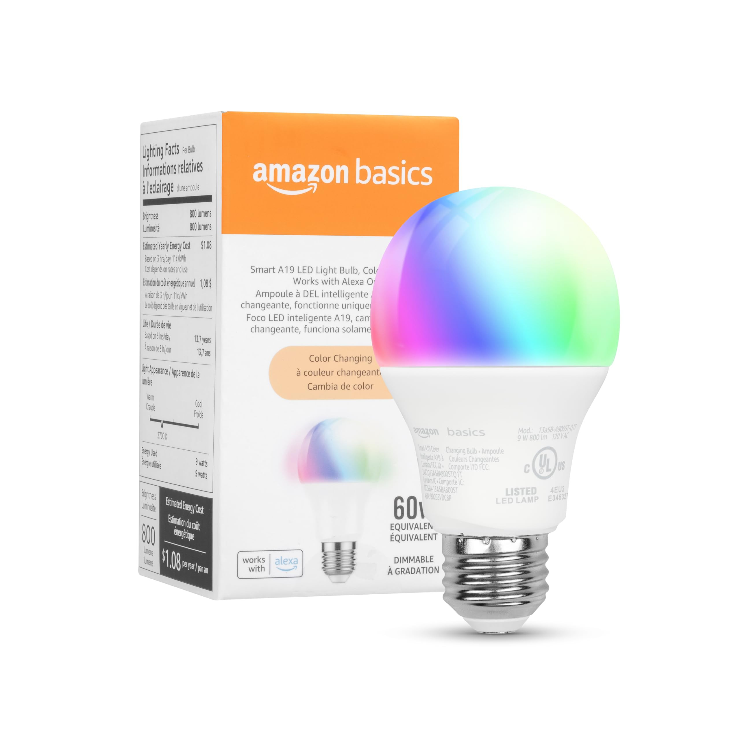 Amazon Basics Smart A19 LED Light Bulb, Color Changing, 9W (60W Equivalent), 800LM, Works with Al... | Amazon (US)