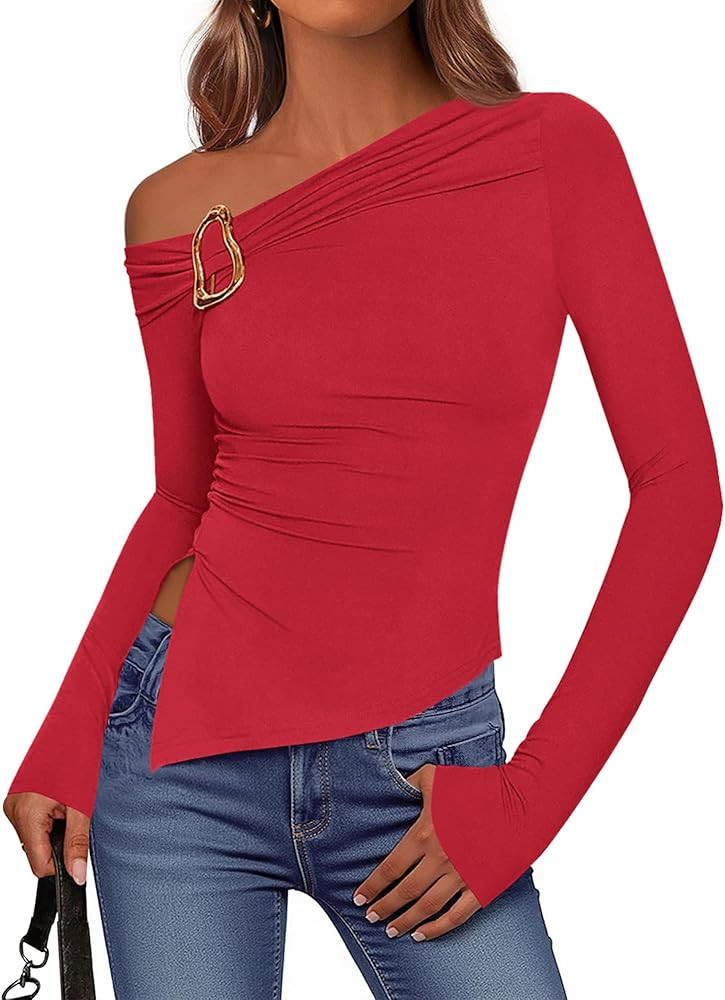 BTFBM Off The Shoulder Tops for Women Trendy 2025 Asymmetrical Long Sleeve Fitted Fall Going Out ... | Amazon (US)