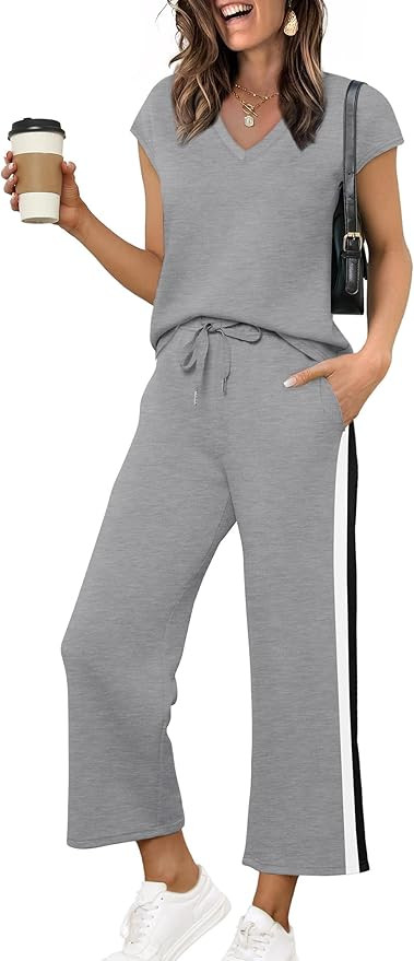 Saloogoe Two Piece Sets for Women Summer Outfits Lounge Sets V Neck Tops Wide Leg Pants Woman Vac... | Amazon (US)