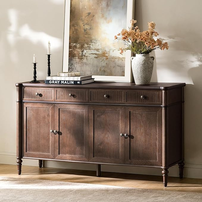 HULALA HOME Wood Sideboard Cabinet, 58" Storage Sideboard with 2 Adjustable Shelves, 2 Fluted Dra... | Amazon (US)