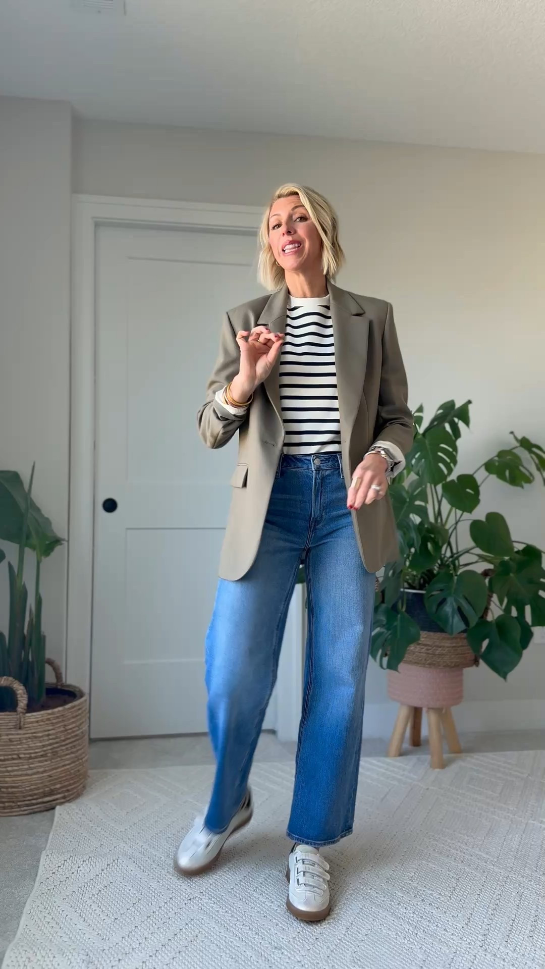 Effortless denim outfit formula with wide leg jeans, stripe tee + blazer & sneakers 
These amazing jeans have stretch & fit true to size 

#LTKFindsUnder50 #LTKStyleTip #LTKOver40