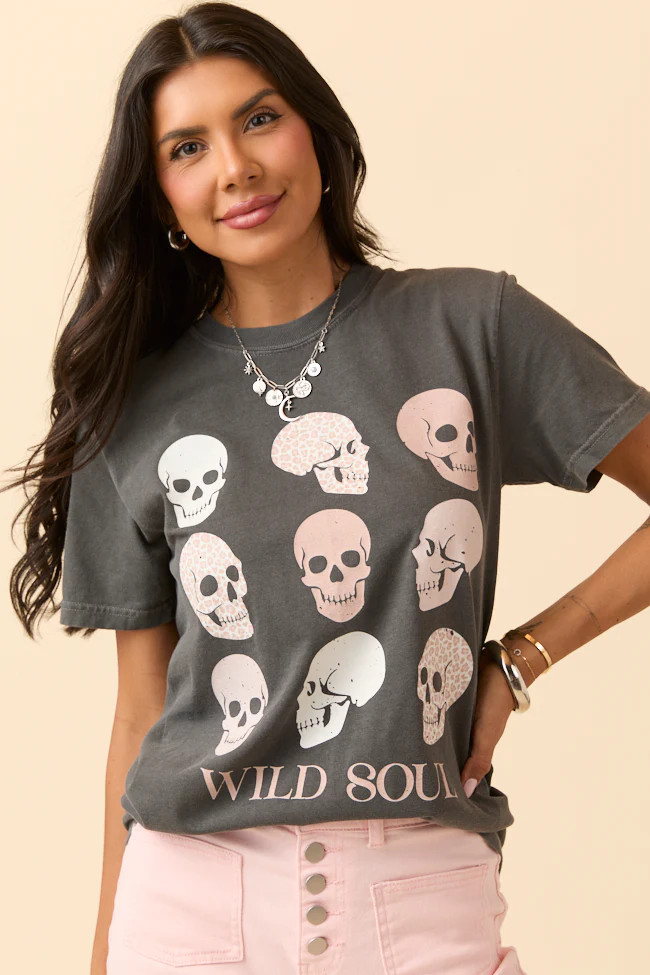 Wild Soul Skull Icons Dark Grey Graphic Tee | Pink Lily