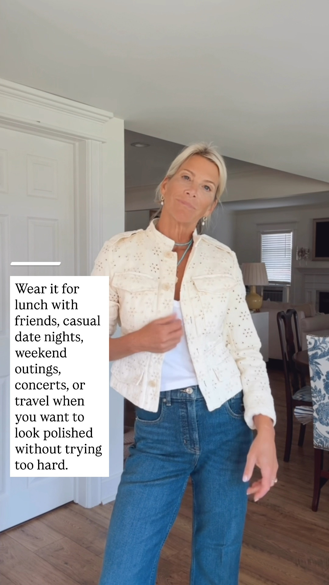 This embellished denim jacket is such a fun way to elevate your everyday basics! The subtle sparkle adds just the right amount of detail, while the cropped fit pairs perfectly with wide-leg jeans. Wear it for lunch with friends, casual date nights, weekend outings, concerts, or travel when you want to look polished without trying too hard.

👩‍💻 LTK PRO TIPS
❤️ Heart = Support my posts ;-)
🔖 Save = Get sale & restock alerts for the things you love!
📋 Lists = Keep favorites organized (List ideas: Christmas, Birthdays, and Vacations!)
📲 Share = Send lists and products to a friend (or your daughters like me).
💬 Comment = Ask me anything, and I’ll answer. ;-)

#LTKootd #LTKSeasonal #LTKOver40