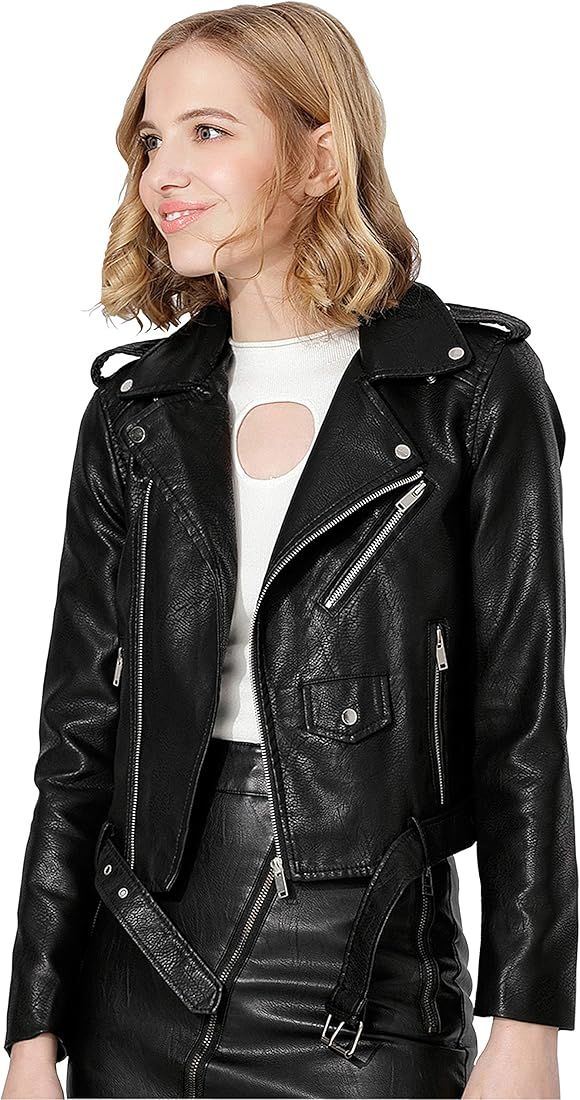 Jhichic Women's Faux Leather Textured Short Moto Jacket Zip-up Slim PU Biker Coat with Pockets | Amazon (US)