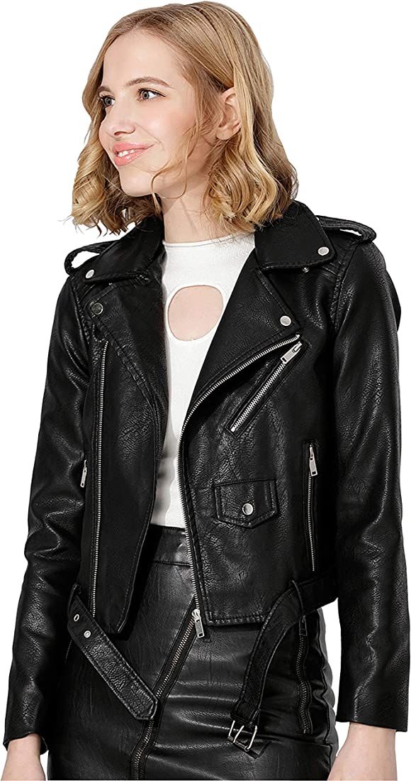 Jhichic Women's Faux Leather Textured Short Moto Jacket Zip-up Slim PU Biker Coat with Pockets | Amazon (US)