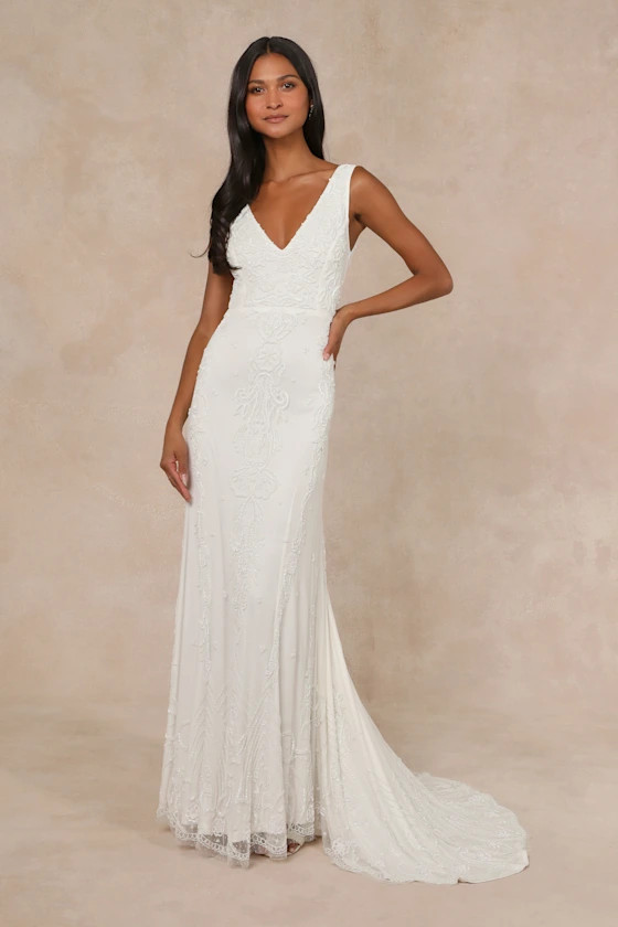 Passionate Romance White Beaded Sequin Mermaid Maxi Dress | Lulus