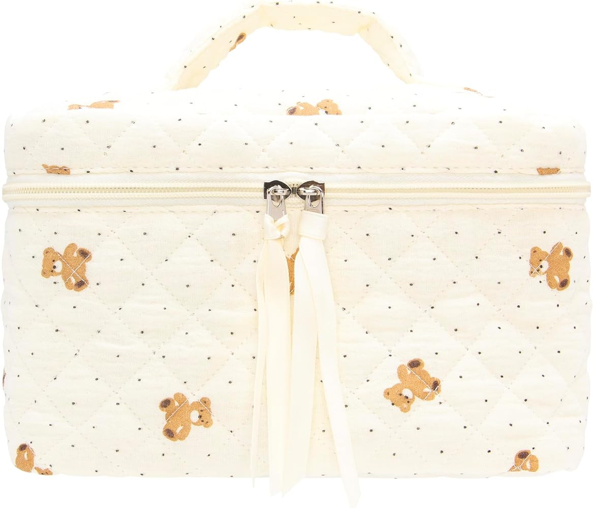 PAZIMIIK Quilted Makeup Bag Large Travel Zipper Soft Cosmetic Case for Women Girls Make Up,Gauze ... | Amazon (US)