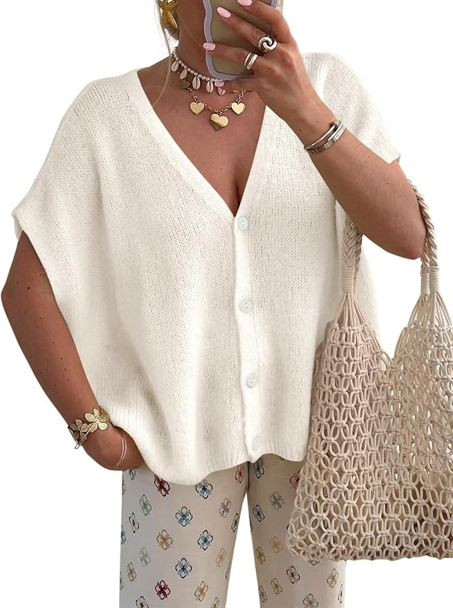 PRETTYGARDEN Womens 2026 Spring Oversized Cardigans Batwing Short Sleeve Lightweight Button V Nec... | Amazon (US)