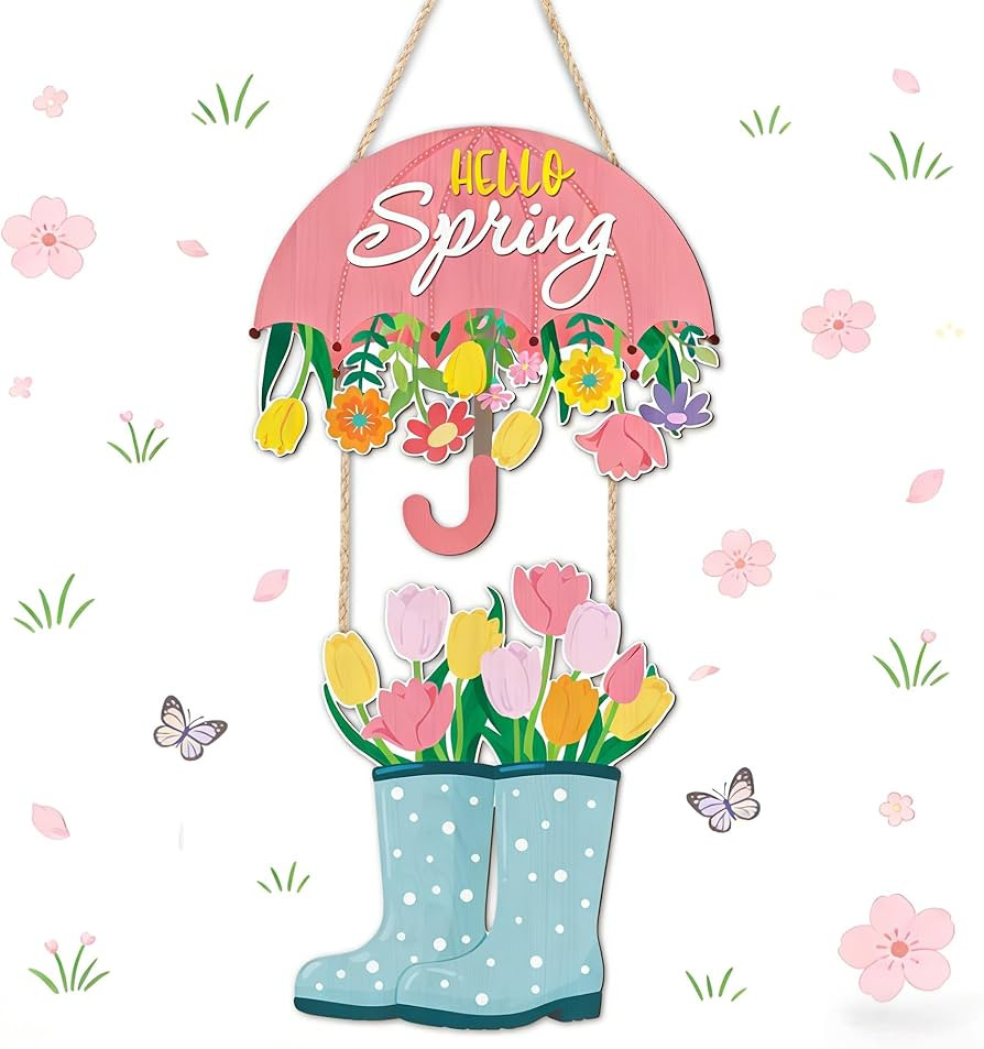 IARTTOP Hello Spring Door Decor Spring Floral Wall Sign Umbrella Rain Boots Welcome Sign for Fron... | Amazon (US)