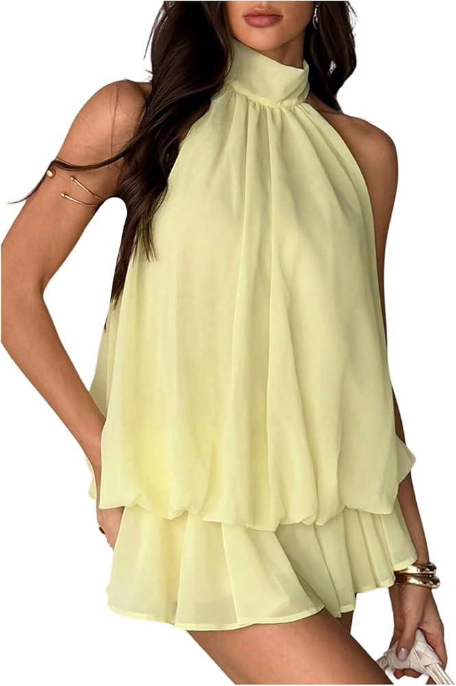 Amazon.com: Floerns Women's Mesh Open Back Halter Dress Sleeveless Ruffle Going Out Mini Dresses ... | Amazon (US)