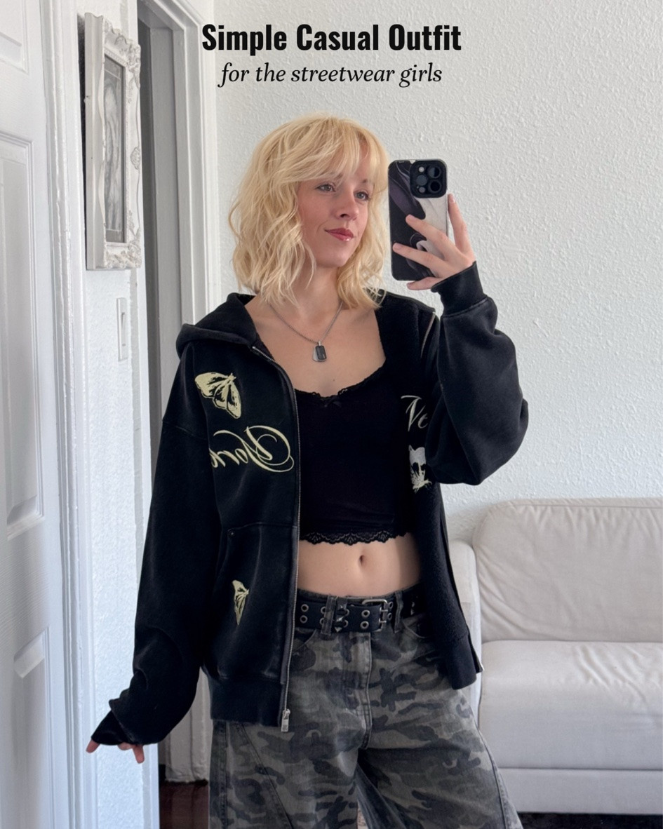 hiii! here’s a cute & easy casual outfit idea for my streetwear girls! 🖤 all you need is a cropped cami top, a zip up hoodie, some baggy pants (bonus points if they’re interesting like camo or something), & some sneakers or platform shoes! i love wearing this outfit formula when i just need something quick & simple to throw on that still looks good.

#LTKootd