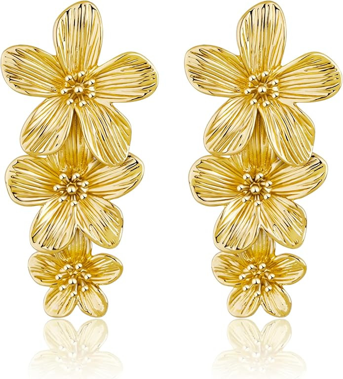 Gold Statement Earrings For Women 18K Gold Plated Sectored Flower Leaf Shell Angel Wing Earring L... | Amazon (US)