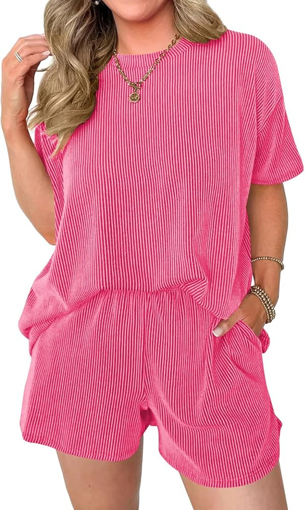 miduo Womens 2 Piece Sets Ribbed Textured Knit Casual Short Sleeve Shirts Shorts Two Piece Lounge... | Amazon (US)