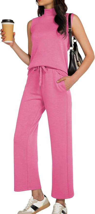 Women's Summer 2 Piece Outfits Mock Neck Tank Top Cropped Wide Leg Pants Lounge Sets 2025 Fashion... | Amazon (US)