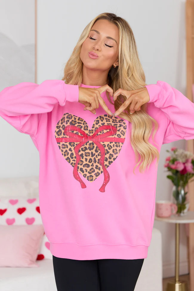 Leopard Heart Red Bow Pink Graphic Sweatshirt | Pink Lily