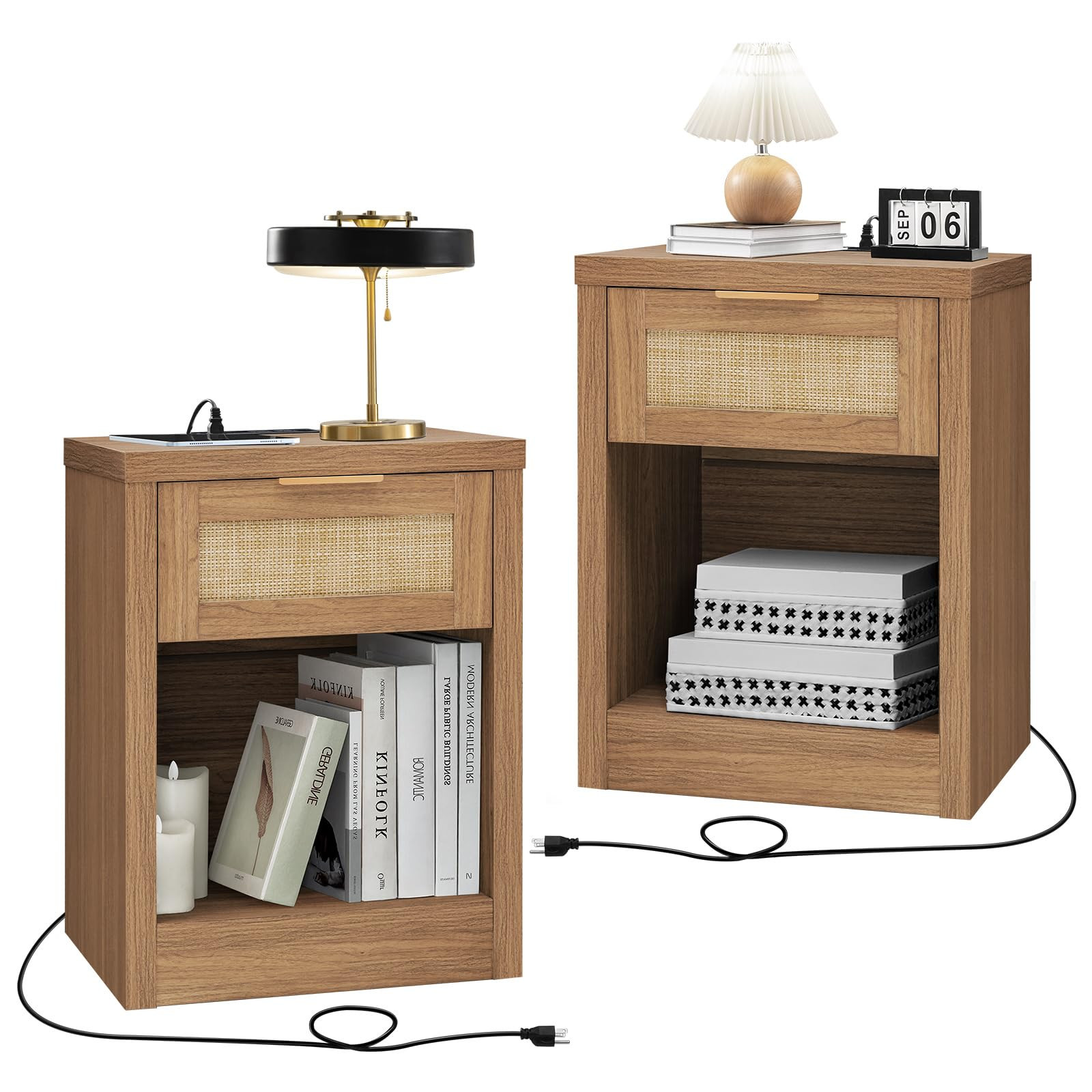 Nightstand Set of 2, Rattan Night Stand with Type-C Charging Station, Bedside Table with Drawer, ... | Amazon (US)