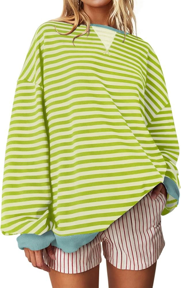 UEU Women Striped Oversized Sweatshirt Color Block Crewneck Long Sleeve Pullover Top Fashion Tren... | Amazon (US)