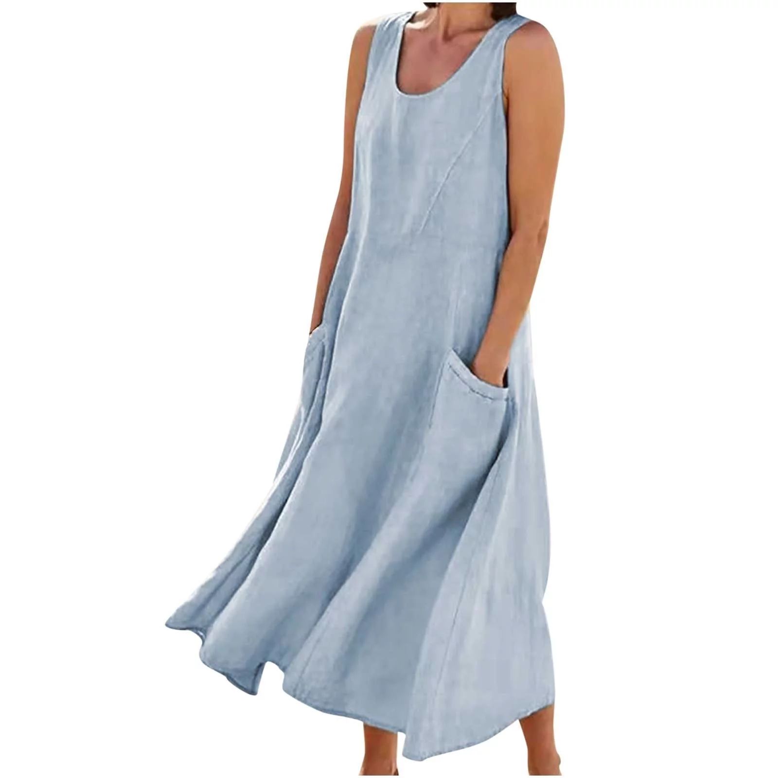 Wandatree Summer Linen Dresses for Women Plus Size Sleeveless Loose Maxi Dresses Solid Crew Neck ... | Walmart (US)
