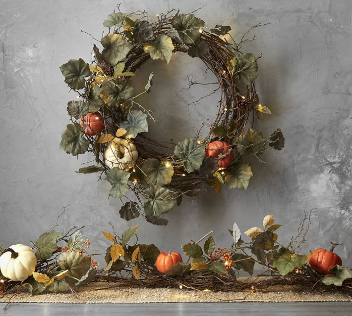 Lit Natural Pumpkin Wreath & Garland | Pottery Barn (US)