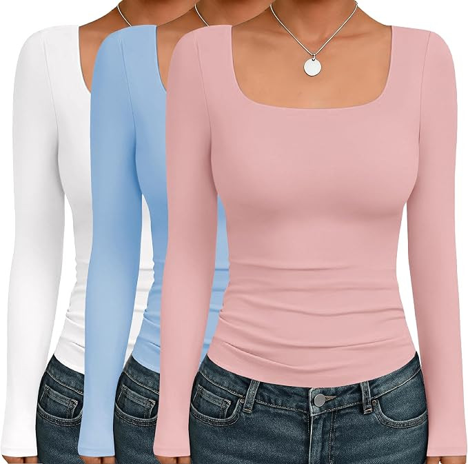 Ekouaer Womens 3 Pack Long Sleeve Shirts Square Neck Tops Fitted Undershirt | Amazon (US)