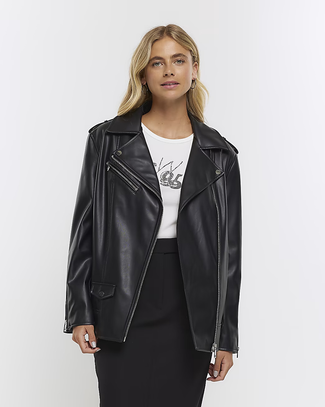 Black faux leather oversized biker jacket | River Island (UK & IE)