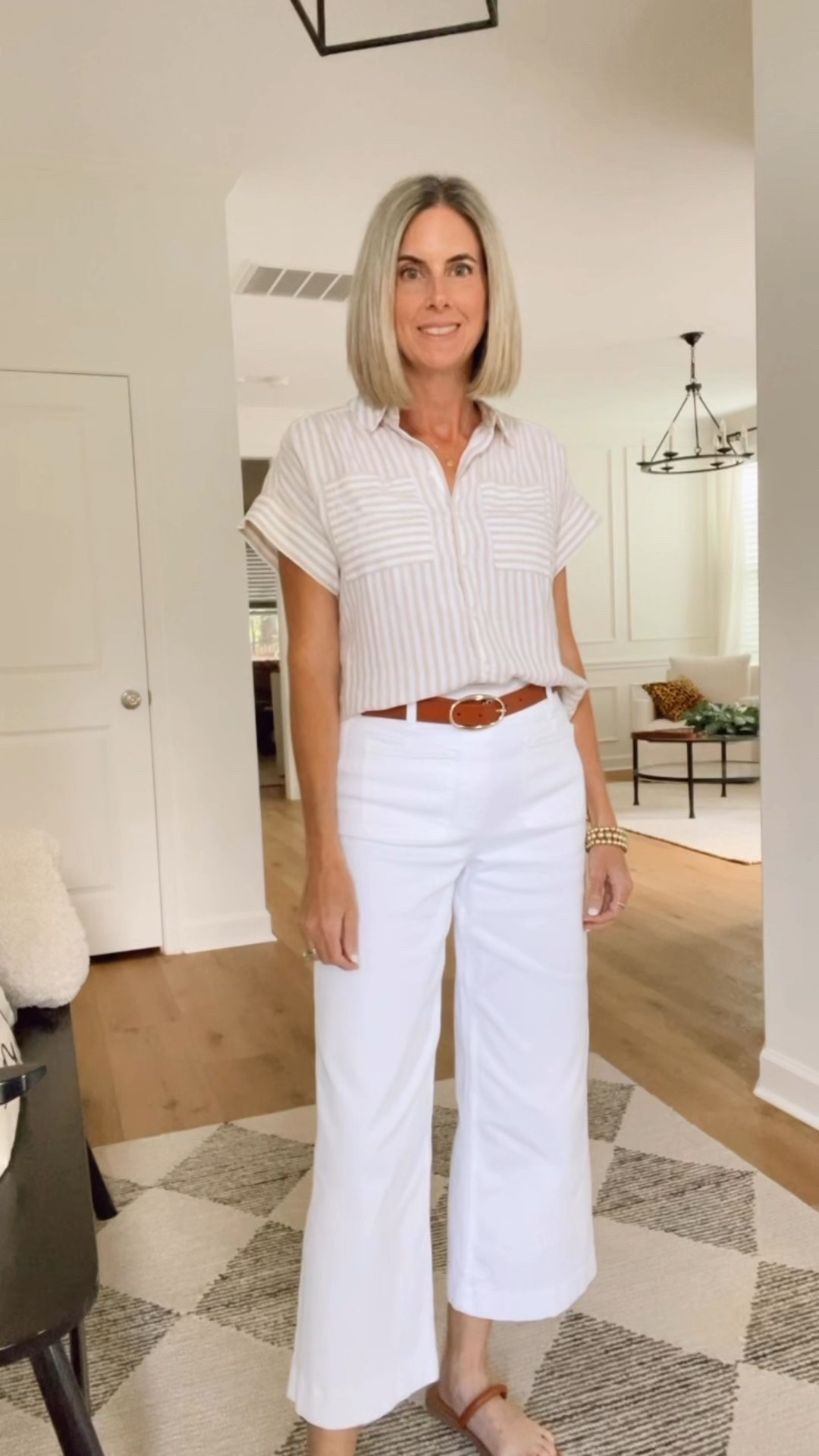 25% off this classic striped button down top. Linen blend lightweight and perfect for summer! Wearing an xs. Spanx pull on white denim jeans on big time sale wearing a small. 

#LTKSaleAlert #LTKOver40 #LTKSeasonal