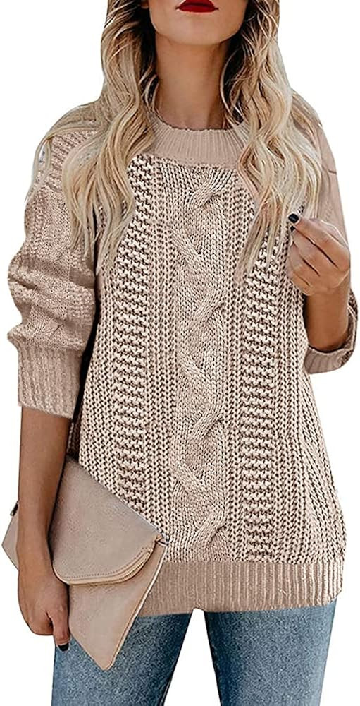 Womens Oversized Crewneck Cable Knit Sweaters Loose Casual Solid Cozy Pullover Sweater Jumper Top... | Amazon (US)