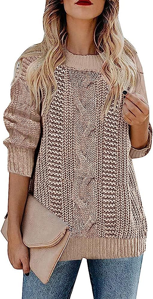 Womens Oversized Crewneck Cable Knit Sweaters Loose Casual Solid Cozy Pullover Sweater Jumper Top... | Amazon (US)