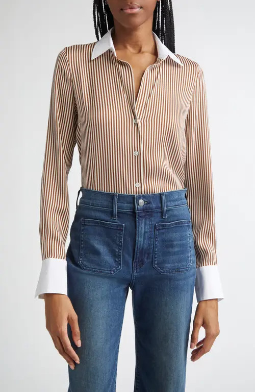 Veronica Beard Amelia Stripe Silk Blend Button-Up Shirt in Whisky Off White at Nordstrom, Size 8 | Nordstrom