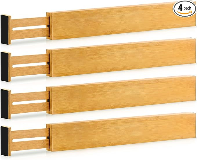 Adjustable Bamboo Drawer Dividers Organizers - 4 Pack Large Expandable Drawer Organization Separa... | Amazon (US)