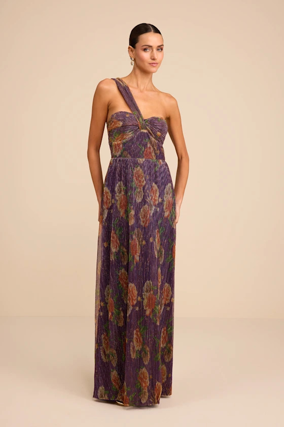 Maribella Dark Purple Floral Lurex Pleated Maxi Dress | Lulus