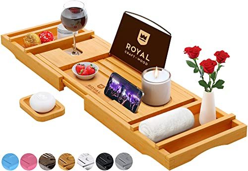 Amazon.com: ROYAL CRAFT WOOD Luxury Bathtub Caddy Tray, One or Two Person Bath and Bed Tray, Bonu... | Amazon (US)