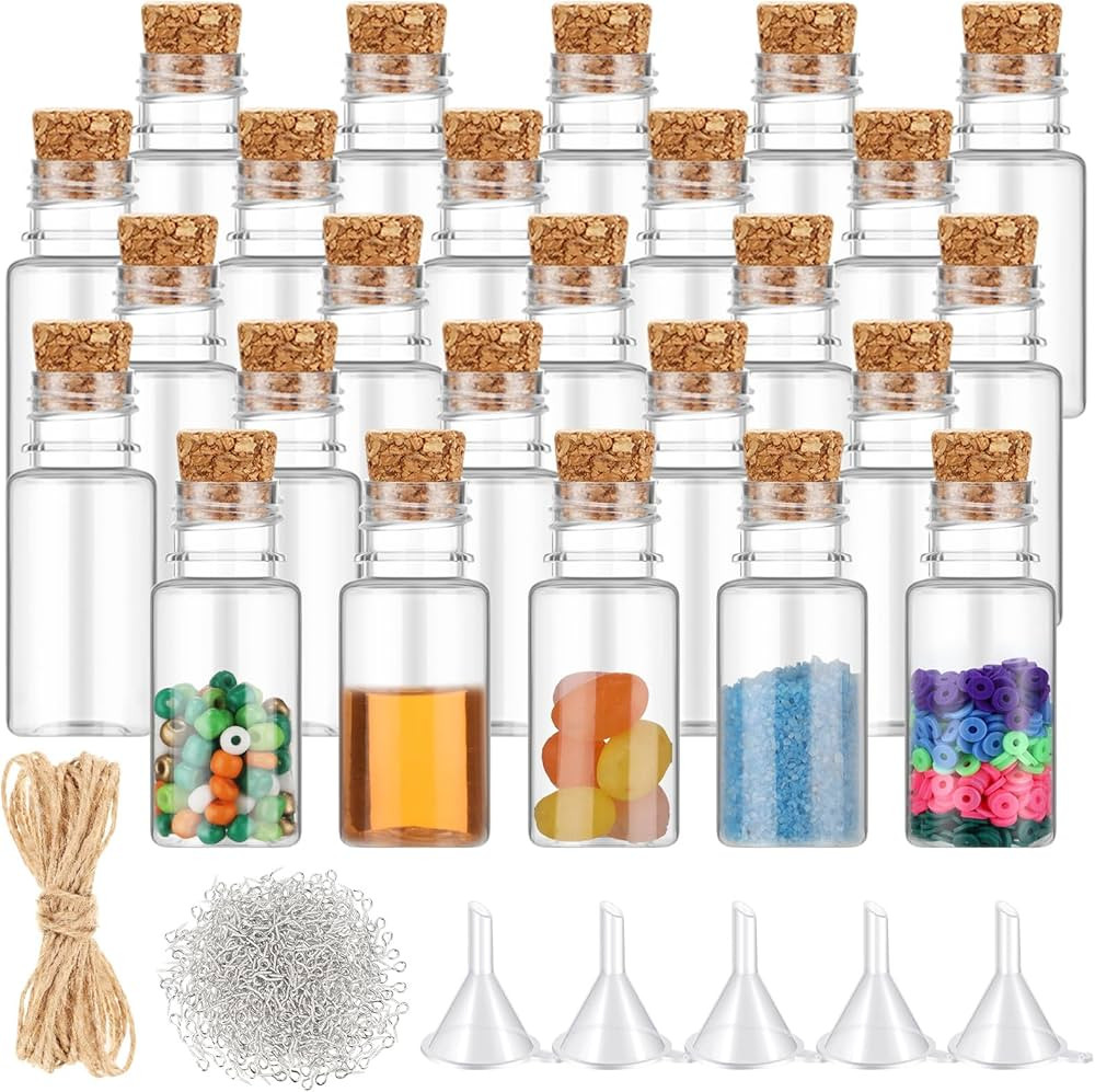 Bokon 25 Packs Mini Plastic Bottles with Corks Stoppers Eye Screws Funnels Small Potion Bottles T... | Amazon (US)