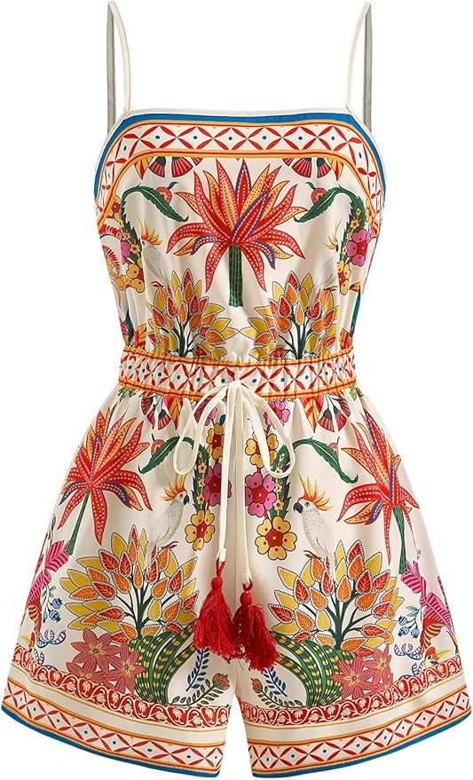 Women's Boho Floral Sleeveless Romper Drawstring Wide Leg Vacation Short Jumpsuits | Amazon (US)