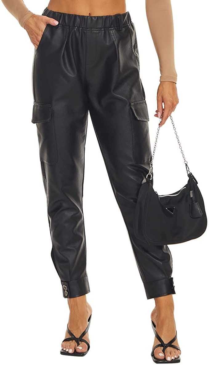 Tagoo Faux Leather Pants for Women High Waisted Casual Pleather Cargo Joggers with 4 Pockets | Amazon (US)