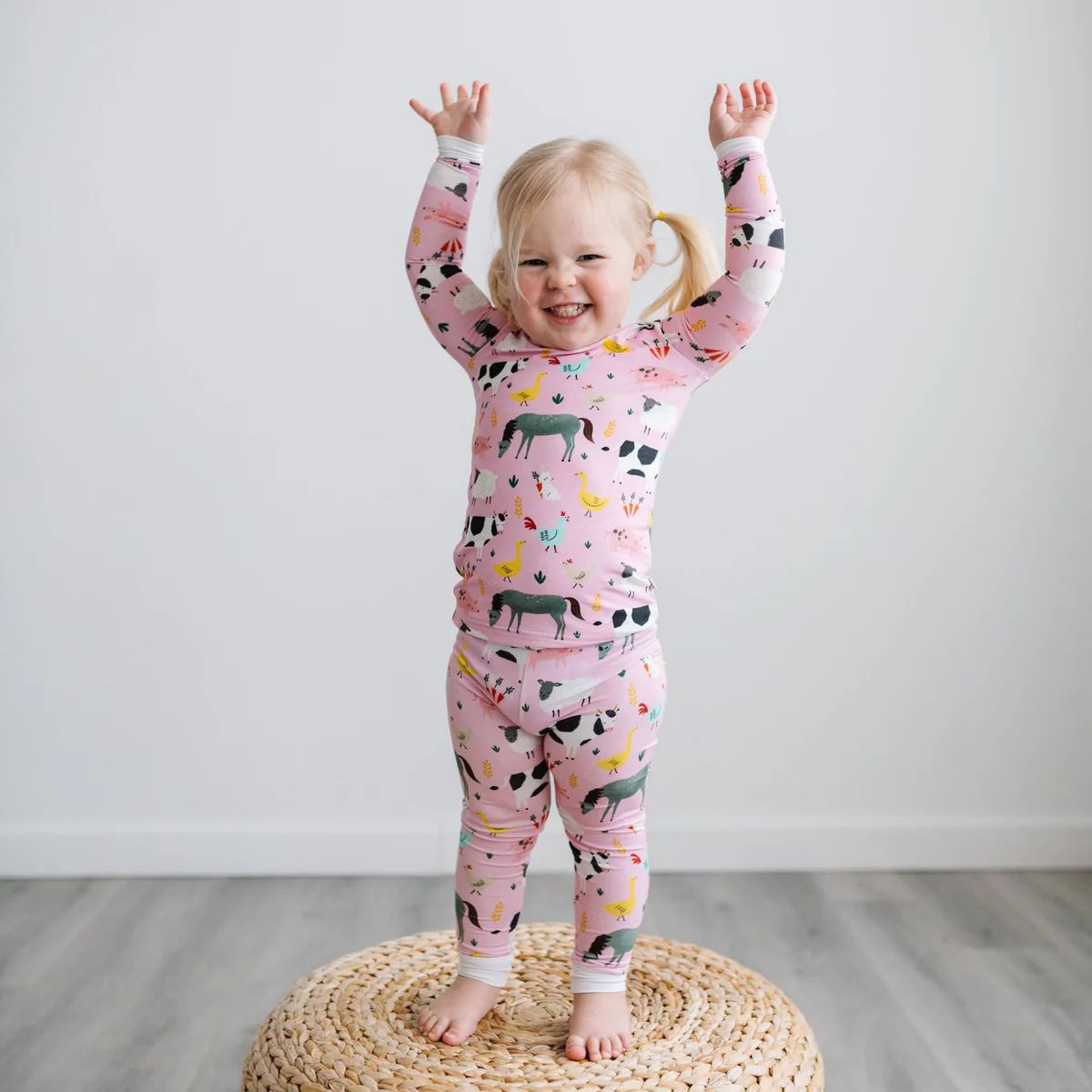 Pink Farm Animals Two-Piece Bamboo Viscose Pajama Set | Little Sleepies