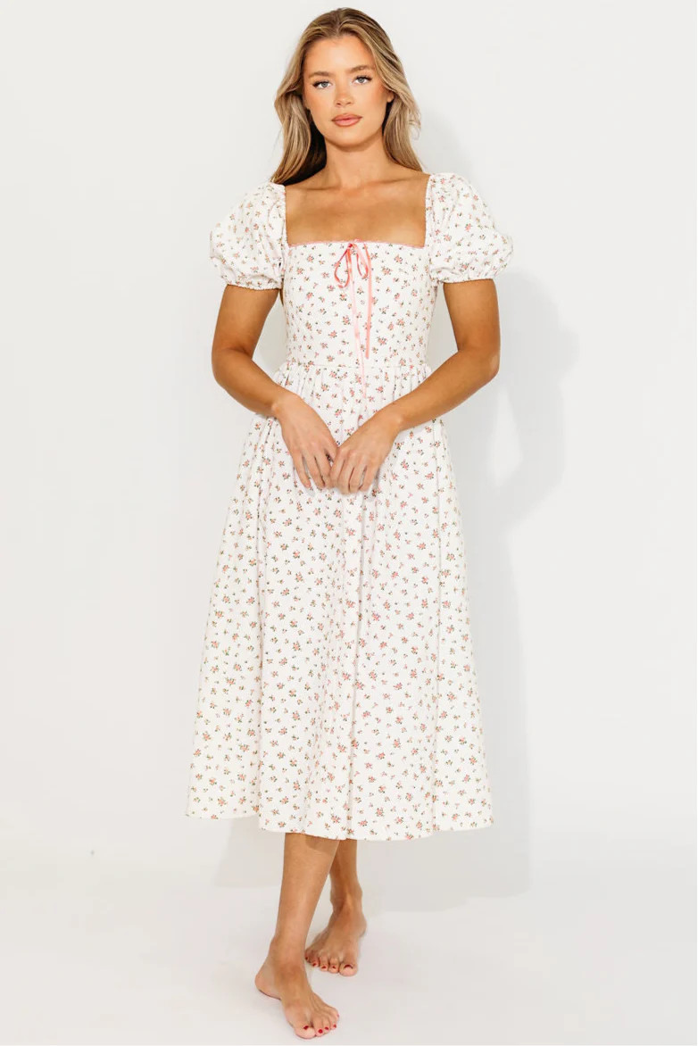 Charlotte Cotton Puff Sleeve Midi Dress in Cream/Pink Floral | Worth Collective