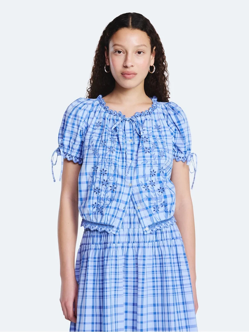 Free Assembly Women's and Women's Plus Embroidered Cropped Cotton Top with Short Sleeves, Sizes-X... | Walmart (US)