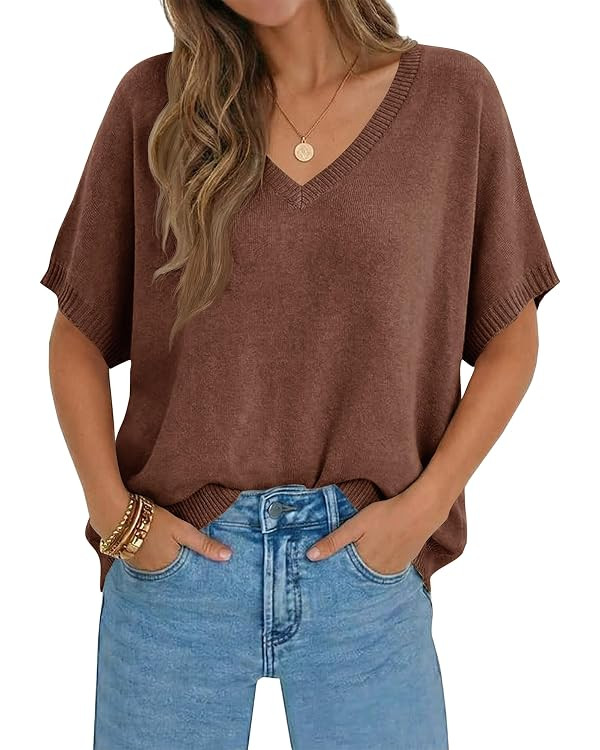 Saodimallsu Womens Oversized Sweaters Batwing Short Sleeve Lightweight V Neck Casual Summer Knit ... | Amazon (US)