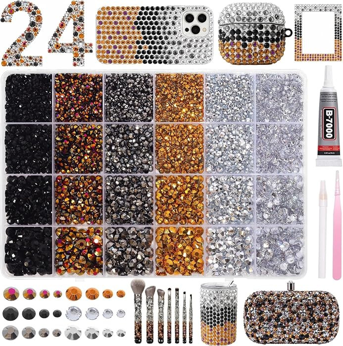24 Grids Rhinestones Bedazzling Kit, Black Gold Silver Gems for Crafts DIY | Amazon (US)