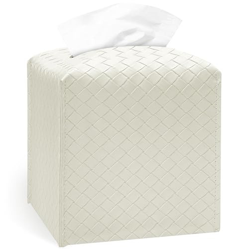 Tissue Box Cover Holder, PU Leather Tissue Box Cover with Braided Pattern, Square Tissue Holder with Bottom Belt, Modern Organizer for Bathroom, Car, Office, Tabletop (White., 12 Braided Patterns) | Amazon (US)