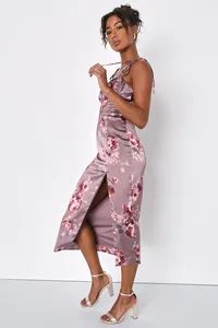Fleur-Ty Behavior Mauve Floral Satin Tie-Strap Midi Dress | Lulus (US)