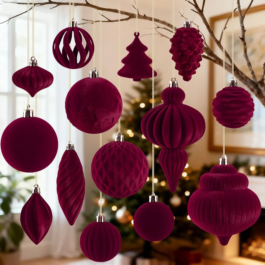 18Pcs Velvet Christmas Tree Ornaments Set, Dark Red Shatterproof Flocked Christmas Decorations Bu... | Amazon (US)