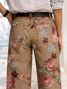 Flamingals Straight Pants for Women High Rise Floral Print Baggy Patch Pocket Trendy Denim Pants | Amazon (US)