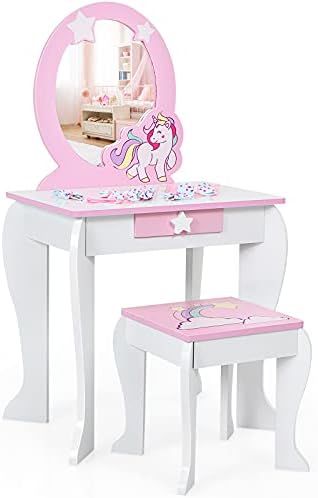 Costzon Kids Vanity Set with Mirror, 2 in 1 Wooden Princess Makeup Dressing Table with Detachable To | Amazon (US)