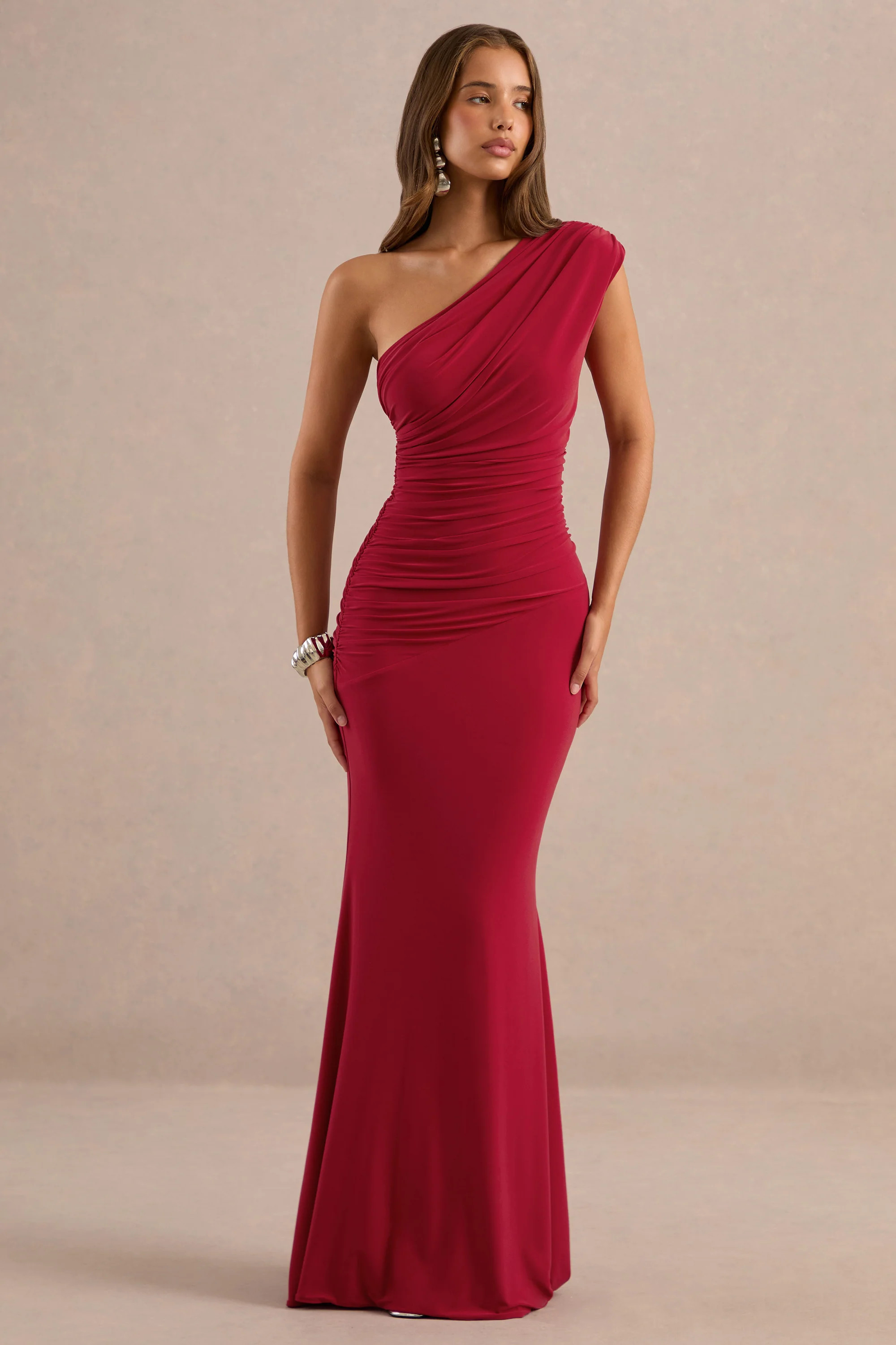 Mardi | Red Asymmetric Maxi Dress With Ruching | Club L London